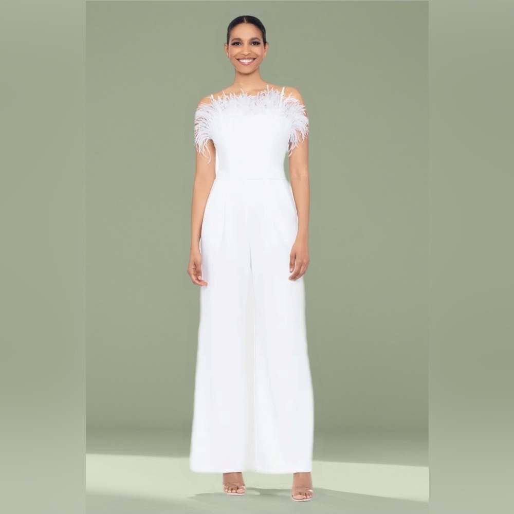 NWT $259 XSCAPE Janis White Jumpsuit with Feather Detail Scuba Crepe Size 14